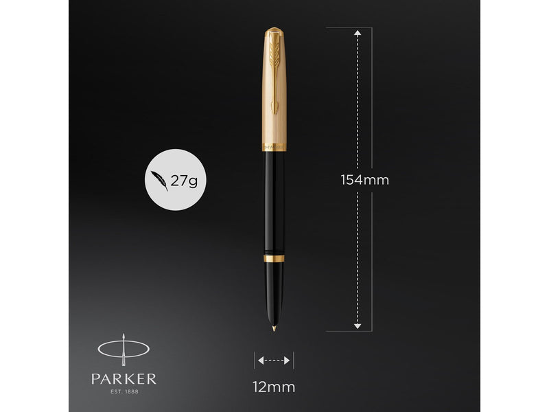 Parker 51 Füller | Luxuriöser Schwarzer Schaft mit Goldzierteilen | Federstärke F in 18k Gold mit schwarzer Tintenpatrone | Gesc