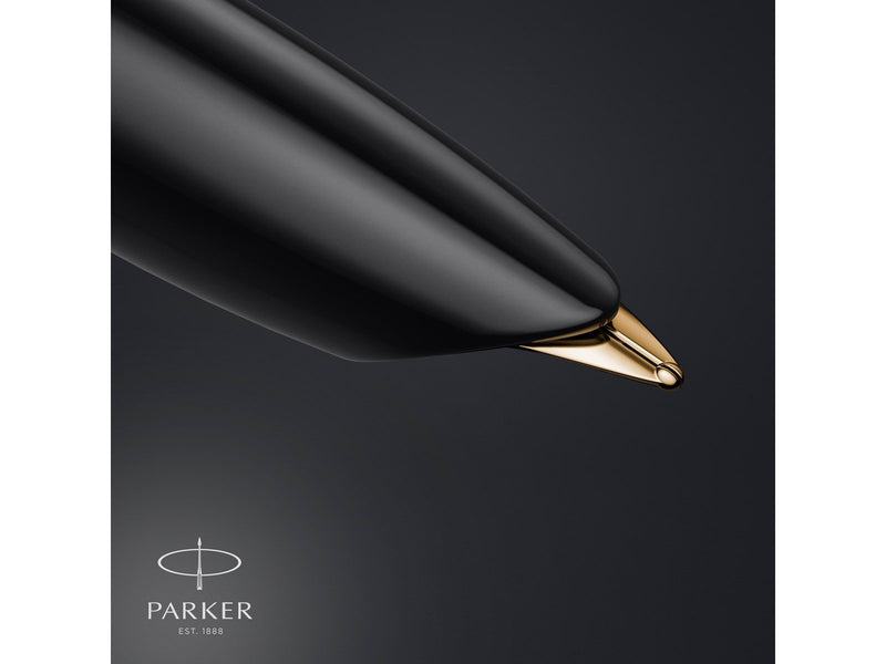 Parker 51 Füller | Luxuriöser Schwarzer Schaft mit Goldzierteilen | Federstärke F in 18k Gold mit schwarzer Tintenpatrone | Gesc