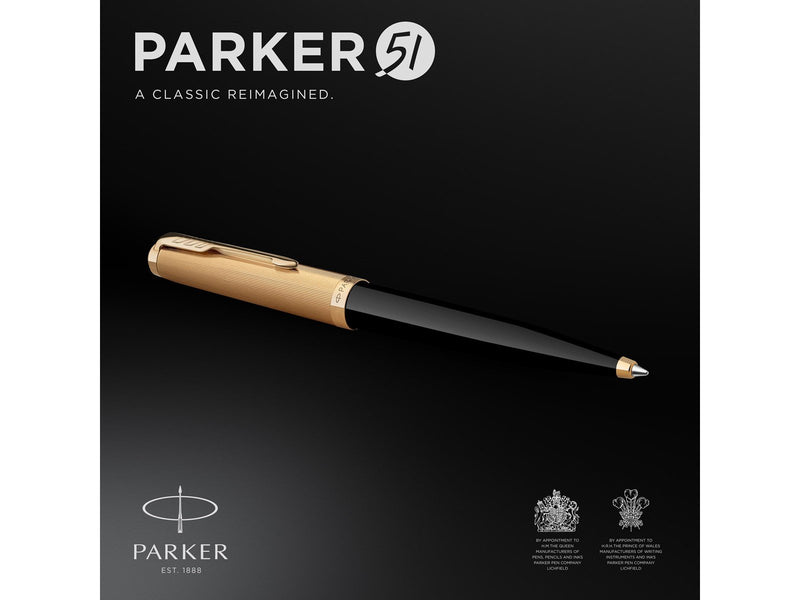 Parker 51 Kugelschreiber | Luxuriöser Schwarzer Schaft mit Goldzierteilen | Mittlere Schreibspitze in 18k Gold mit Schwarzer Nac