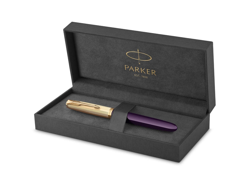 Parker 51 Füller | Luxuriöser Pflaumenblauer Schaft mit Goldzierteilen | Federstärke F in 18k Gold mit schwarzer Tintenpatrone |