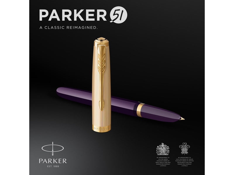 Parker 51 Füller | Luxuriöser Pflaumenblauer Schaft mit Goldzierteilen | Federstärke F in 18k Gold mit schwarzer Tintenpatrone |