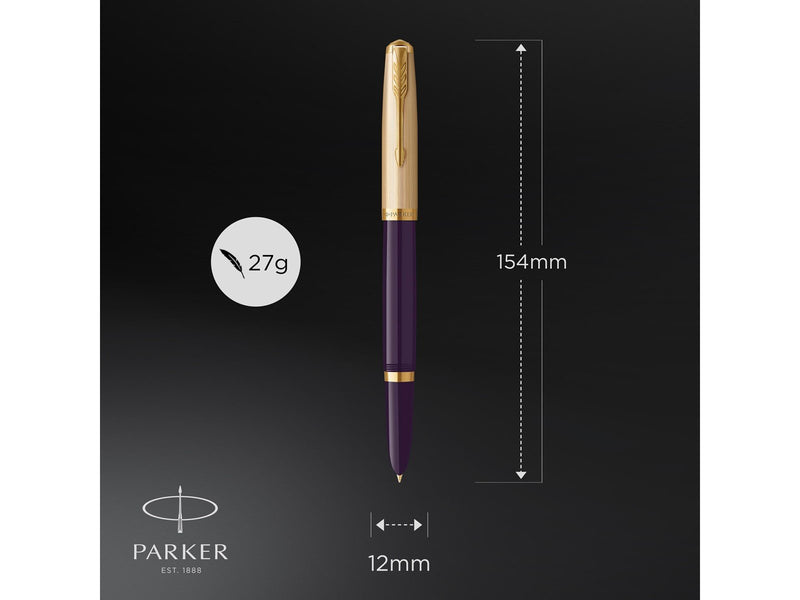 Parker 51 Füller | Luxuriöser Pflaumenblauer Schaft mit Goldzierteilen | Federstärke F in 18k Gold mit schwarzer Tintenpatrone |
