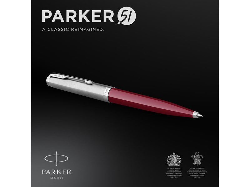 Parker 51 Kugelschreiber | Burgunderroter Schaft mit Chromfarbenen Zierteilen | Mittlere Schreibspitze mit Schwarzer Nachfüllmin