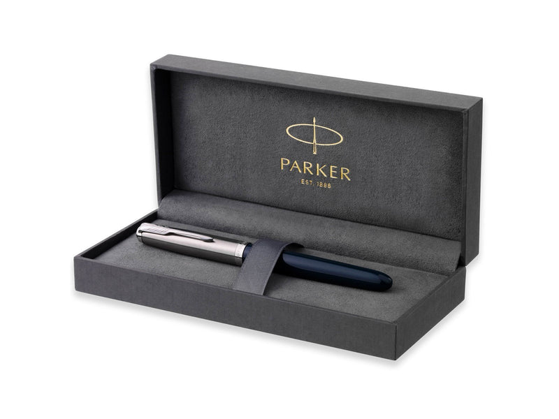 Parker 51 Füller | Nachtblauer Schaft mit Chromfarbenen Zierteilen | Füllfederhalter mit feiner Feder und schwarzer Tintenpatron
