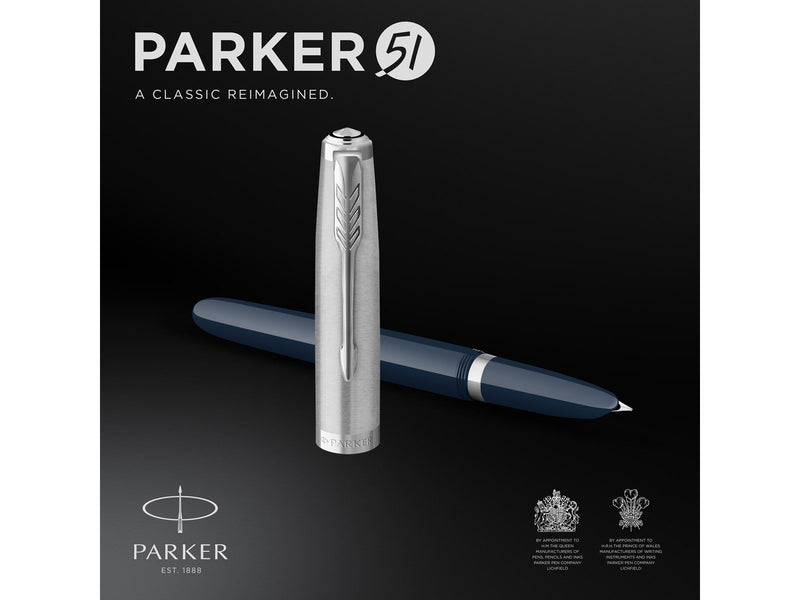 Parker 51 Füller | Nachtblauer Schaft mit Chromfarbenen Zierteilen | Füllfederhalter mit feiner Feder und schwarzer Tintenpatron