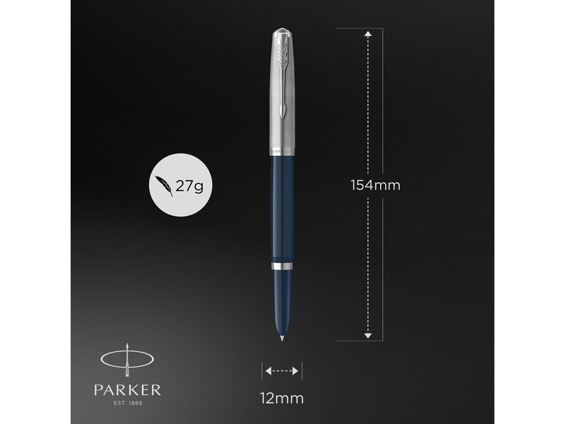 Parker 51 Füller | Nachtblauer Schaft mit Chromfarbenen Zierteilen | Füllfederhalter mit feiner Feder und schwarzer Tintenpatron