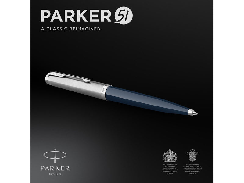 Parker 51 Kugelschreiber | Nachtblauer Schaft mit Chromfarbenen Zierteilen | Mittlere Schreibspitze mit Schwarzer Nachfüllmine |