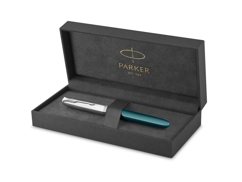 Parker 51 Füller | Petrolblauer Schaft mit Chromfarbenen Zierteilen | Füllfederhalter mit feiner Feder und schwarzer Tintenpatro