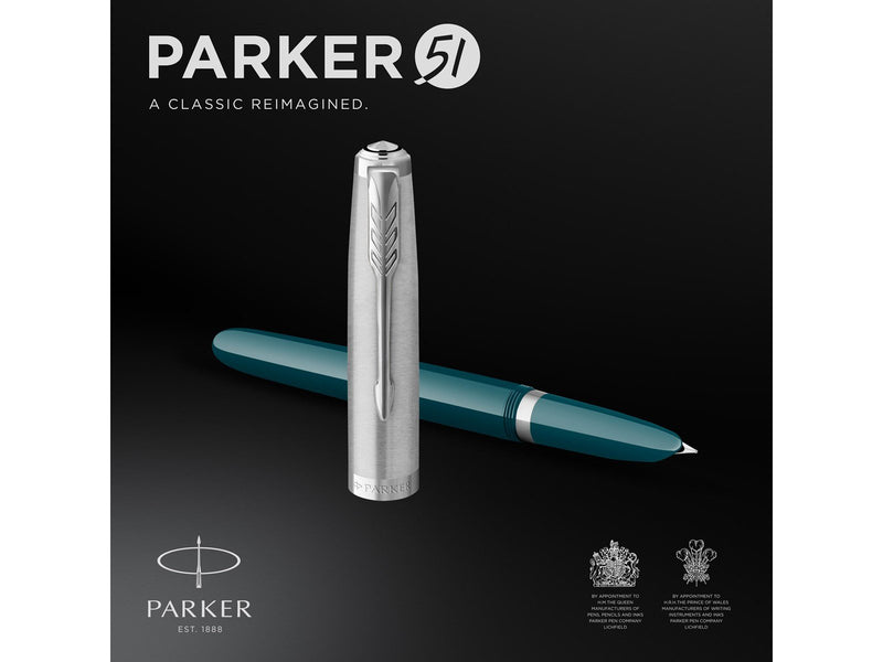 Parker 51 Füller | Petrolblauer Schaft mit Chromfarbenen Zierteilen | Füllfederhalter mit feiner Feder und schwarzer Tintenpatro