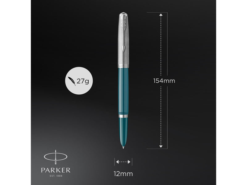Parker 51 Füller | Petrolblauer Schaft mit Chromfarbenen Zierteilen | Füllfederhalter mit feiner Feder und schwarzer Tintenpatro