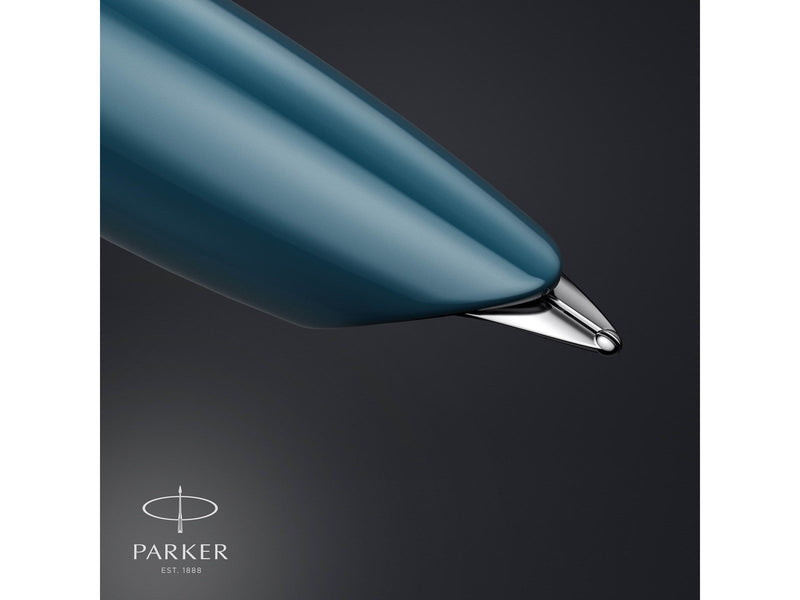 Parker 51 Füller | Petrolblauer Schaft mit Chromfarbenen Zierteilen | Füllfederhalter mit feiner Feder und schwarzer Tintenpatro