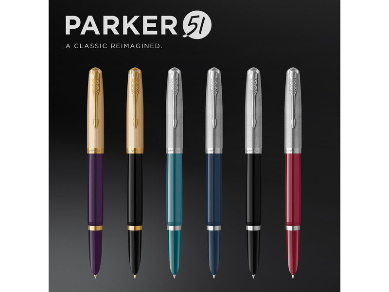 Parker 51 Füller | Petrolblauer Schaft mit Chromfarbenen Zierteilen | Füllfederhalter mit feiner Feder und schwarzer Tintenpatro