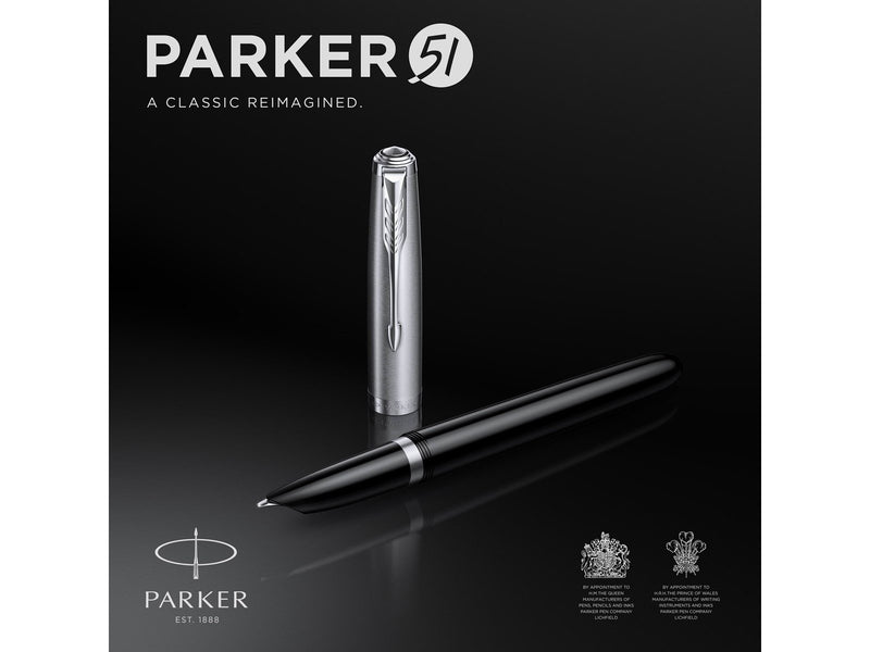 Parker 51 Füller | Schwarzer Schaft mit Chromfarbenen Zierteilen | Füllfederhalter mit feiner Feder und Schwarzer Tintenpatrone