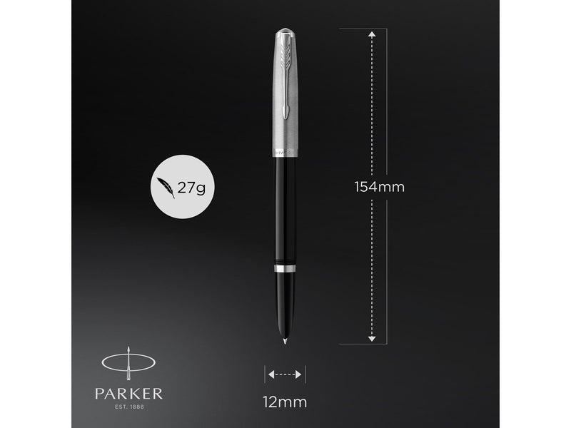 Parker 51 Füller | Schwarzer Schaft mit Chromfarbenen Zierteilen | Füllfederhalter mit feiner Feder und Schwarzer Tintenpatrone