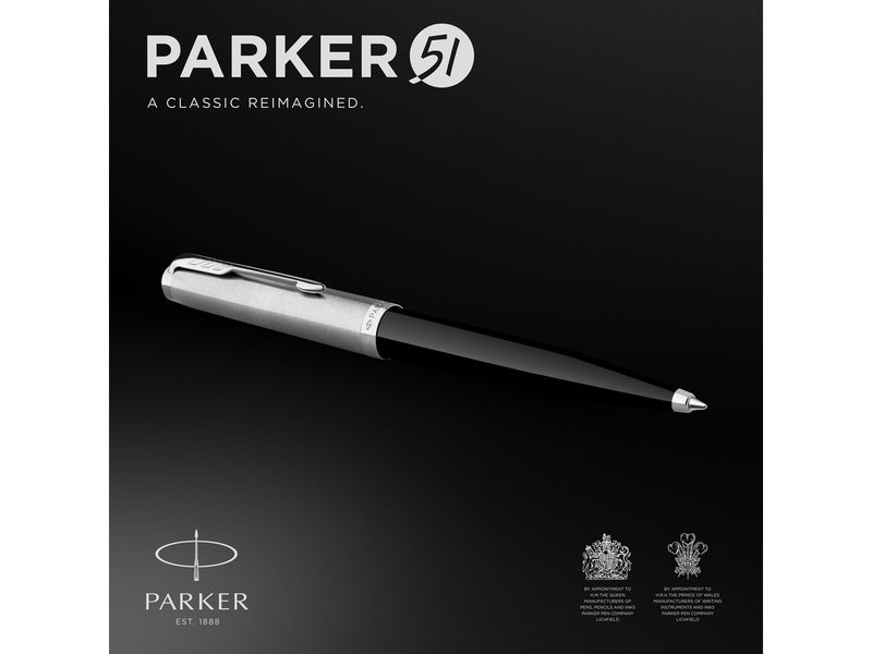 Parker 51 Kugelschreiber | Schwarzer Schaft mit Chromfarbenen Zierteilen | Mittlere Schreibspitze mit Schwarzer Nachfüllmine | G