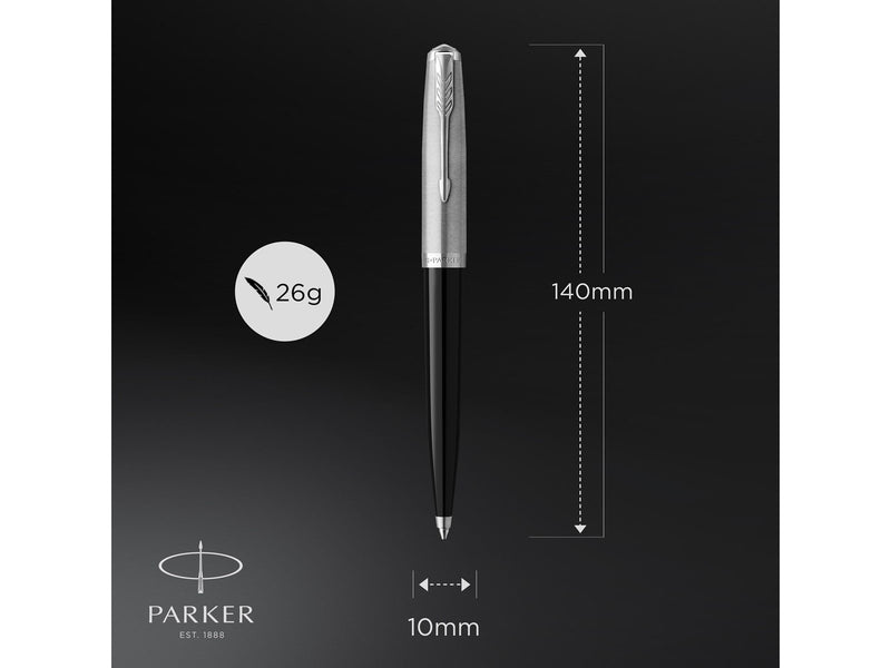 Parker 51 Kugelschreiber | Schwarzer Schaft mit Chromfarbenen Zierteilen | Mittlere Schreibspitze mit Schwarzer Nachfüllmine | G