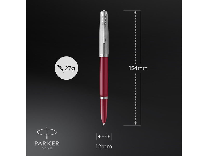 Parker 51 Füller | Burgunderroter Schaft mit Chromfarbenen Zierteilen | Füllfederhalter mit feiner Feder und Schwarzer Tintenpat