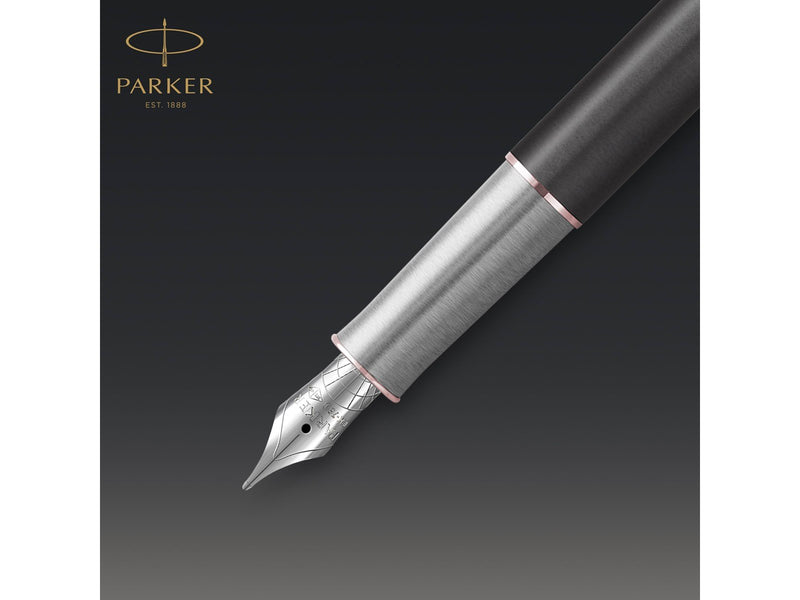 Parker Sonnet Füller | Premium Metal & Grey Satinierung mit Rotgoldbeschichtung | Füllfederhalter Feine 18 Karat Goldfeder mit s