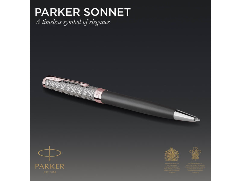 Parker PARKER Sonnet Kugelschreiber | Premium Metal & Grey Satinierung mit Rotgoldbeschichtung | Medium Spitze mit schwarzer Tin
