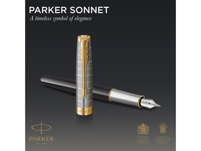 Parker Sonnet Füller | Premium Metal & Black Glanzlack mit Goldbeschichtung | Füllfederhalter mit feiner 18 Karat Goldfeder und