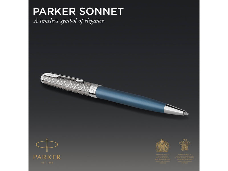 Parker Sonnet Kugelschreiber | Premium Metal & Blue Satinierung mit Chromverkleidung | Medium Spitze mit schwarzer Tinte Nachfül
