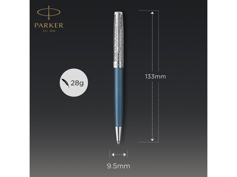 Parker Sonnet Kugelschreiber | Premium Metal & Blue Satinierung mit Chromverkleidung | Medium Spitze mit schwarzer Tinte Nachfül