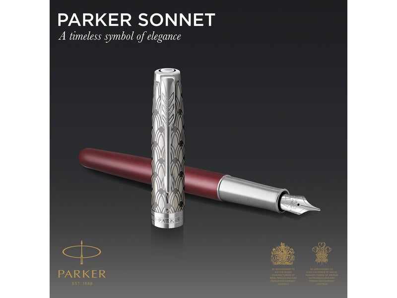 Parker Sonnet Füller | Premium Metal & Red Satinierung mit Chromverkleidung | Füllfederhalter mit feiner 18 Karat Goldfeder und