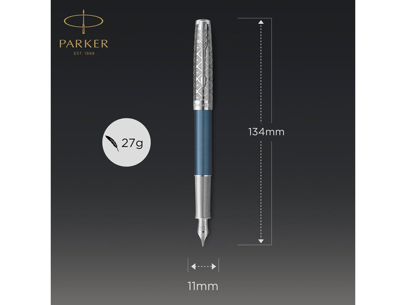 Parker Sonnet Füller | Premium Metal & Blue Satinierung mit Chromverkleidung | Füllfederhalter Feine 18 Karat Goldfeder mit schw