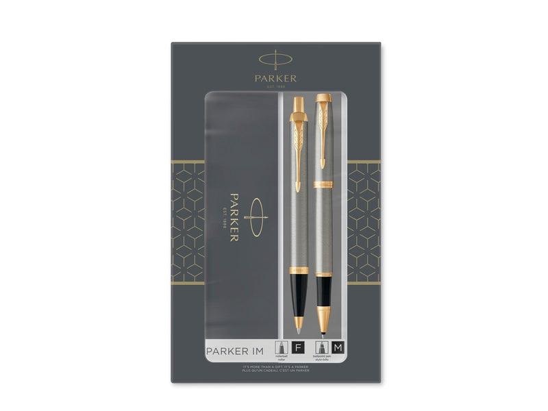 Parker IM Duo-Geschenkset mit Kugelschreiber & Tintenroller | Brushed Metal mit Goldzierteilen | Nachfüllen schwarz | Geschenkbo