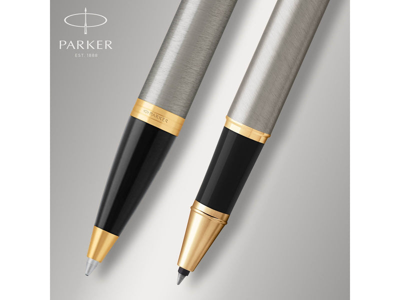 Parker IM Duo-Geschenkset mit Kugelschreiber & Tintenroller | Brushed Metal mit Goldzierteilen | Nachfüllen schwarz | Geschenkbo