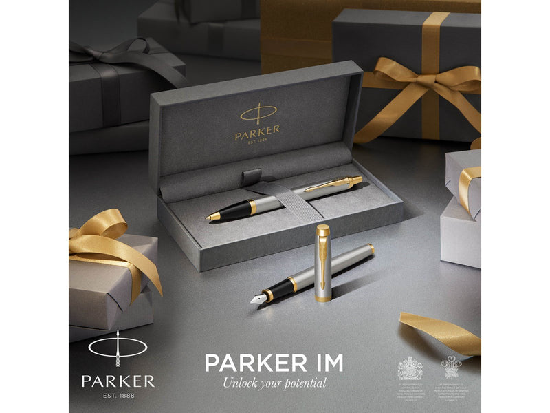 Parker IM Duo-Geschenkset mit Kugelschreiber & Tintenroller | Brushed Metal mit Goldzierteilen | Nachfüllen schwarz | Geschenkbo