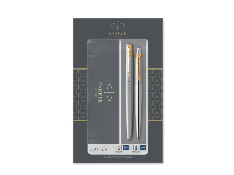 Parker Jotter Duo-Geschenkset mit Kugelschreiber und Füller | Edelstahl mit Goldzierteilen | Nachfüllmine und -patronen mit blau