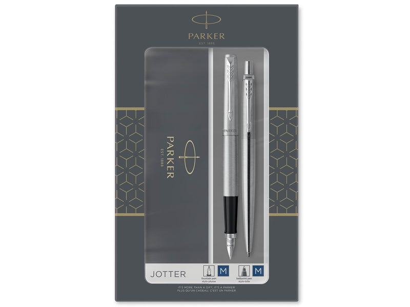 Parker Jotter Duo-Geschenkset mit Kugelschreiber und Füller | Edelstahl mit Chromzierteilen | Nachfüllmine und -patronen mit bla