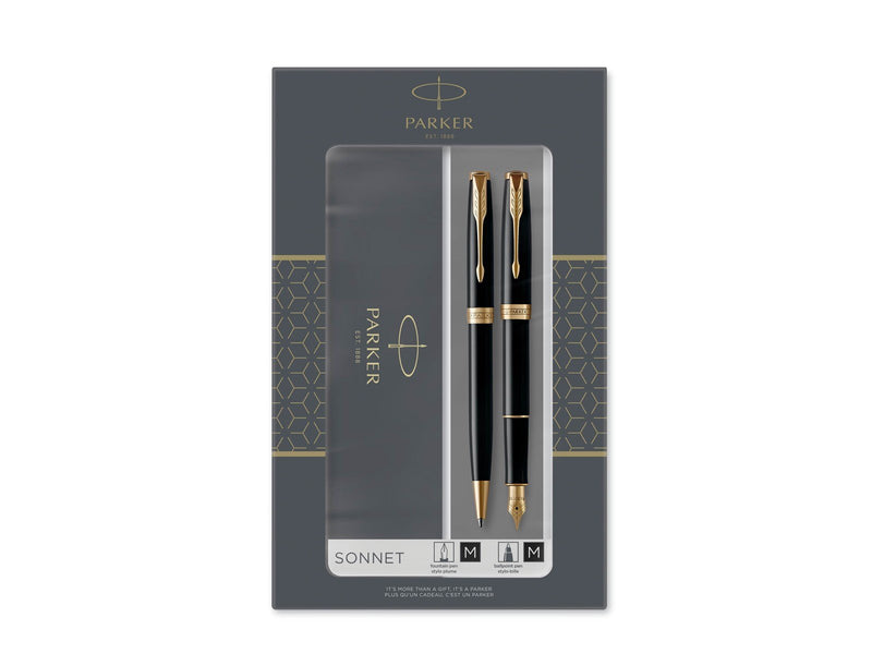 Parker Sonnet Duo-Geschenkset mit Kugelschreiber und Füller (Feder aus 18 Karat Gold) | Hochglänzend Schwarz mit Goldzierteilen