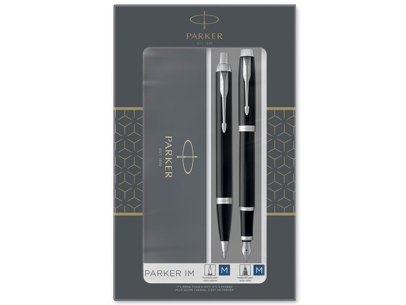 Parker IM Duo-Geschenkset mit Kugelschreiber und Füller | Hochglänzend Schwarz mit Chromzierteilen | Nachfüllmine und -patrone m