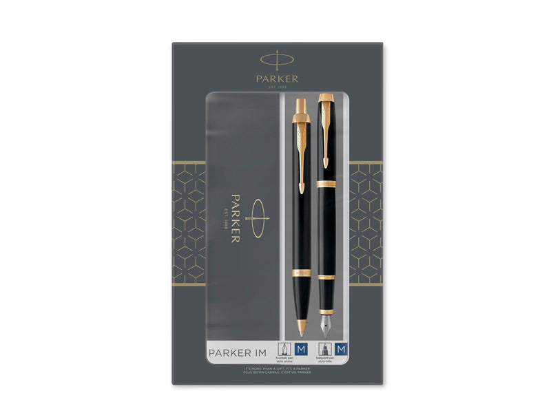 Parker IM Duo-Geschenkset mit Kugelschreiber und Füller | Hochglänzend Schwarz mit Goldzierteilen | Nachfüllmine und -patrone mi