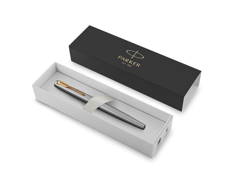 Parker Jotter Füller | Edelstahlschaft mit Goldzierteilen | Füllfederhalter mit mittlerer Feder | blaue Tinte | Geschenkbox