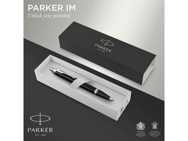 Parker IM Kugelschreiber | Schwarze Lackierung mit Chromzierteilen | Mittlere Spitze | Blau | Geschenkbox