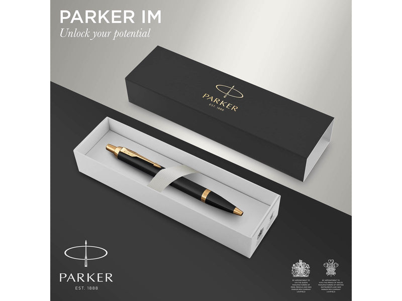 Parker IM Kugelschreiber | Schwarze Lackierung mit Goldzierteileny | Mittlere Spitze | Blau | Geschenkbox