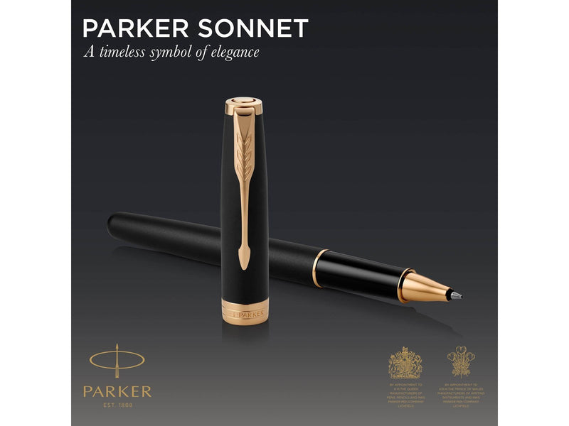 Parker Sonnet Tintenroller | Matt-Schwarze Lackierung mit Goldzierteilen | feine Spitze | Schwarze Tinte | Geschenkbox