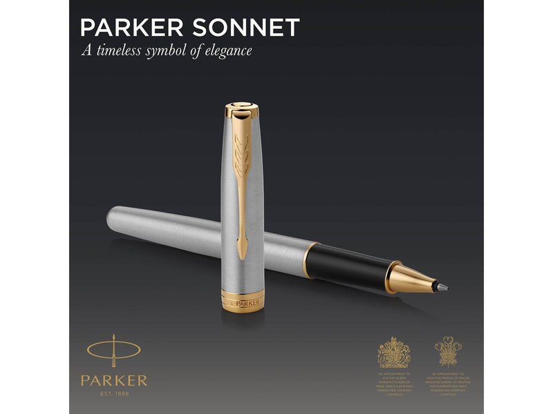 Parker Sonnet Tintenroller | Edelstahl mit Goldzierteilen | feine Spitze | Schwarze Tinte | Geschenkbox