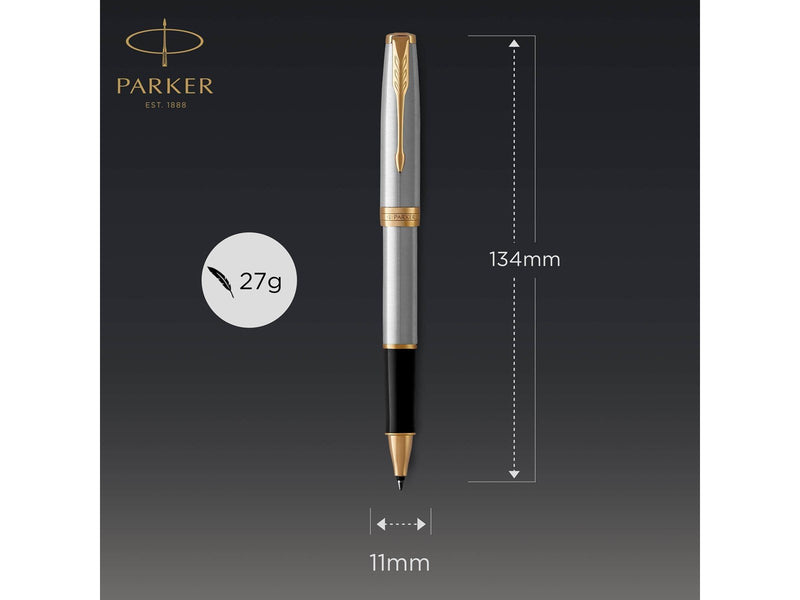 Parker Sonnet Tintenroller | Edelstahl mit Goldzierteilen | feine Spitze | Schwarze Tinte | Geschenkbox