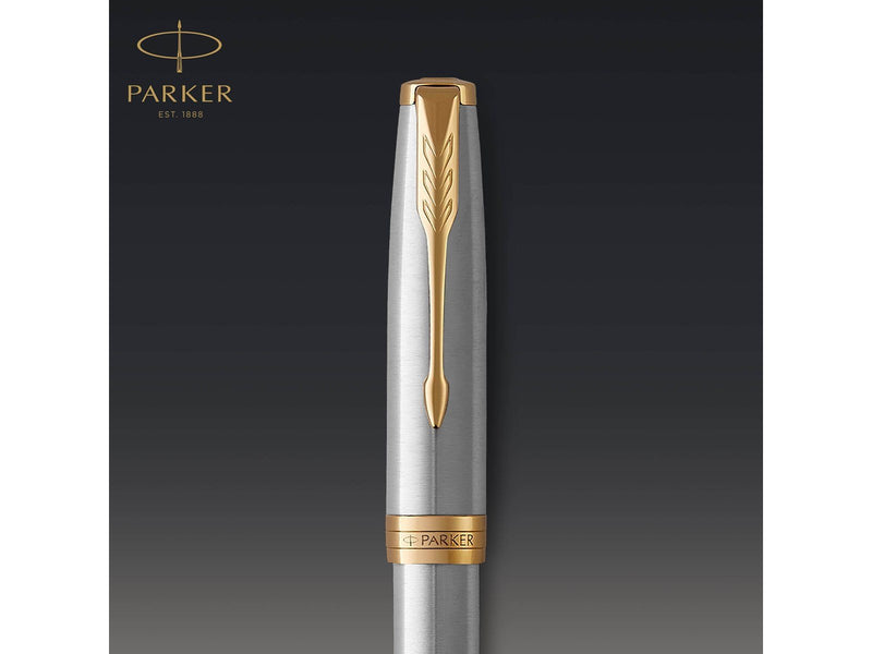 Parker Sonnet Tintenroller | Edelstahl mit Goldzierteilen | feine Spitze | Schwarze Tinte | Geschenkbox