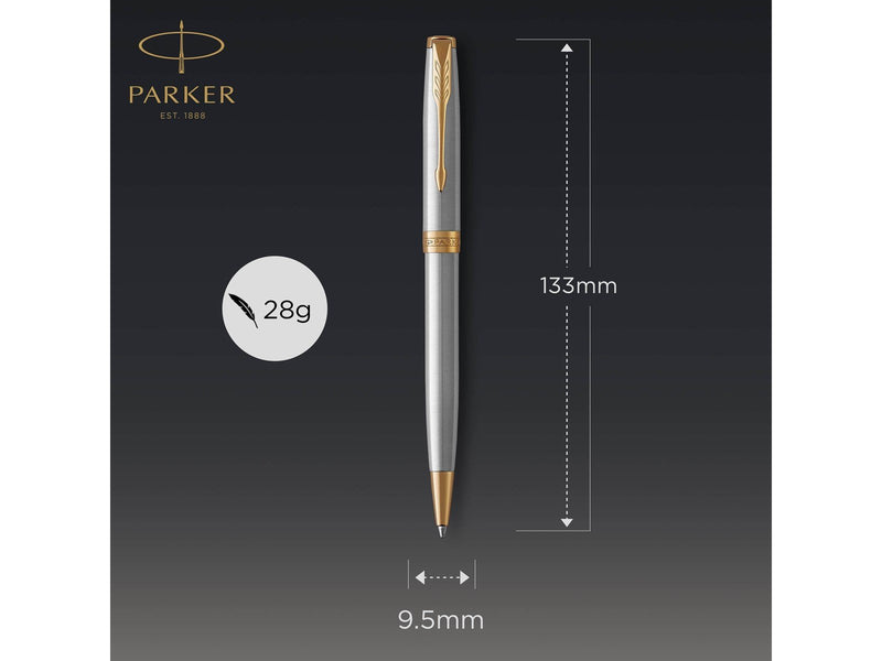 Parker Sonnet Kugelschreiber | Edelstahl mit Goldzierteilen | Mittlere Spitze | schwarze Tinte | Geschenkbox