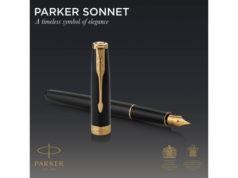 Parker Sonnet Füller | Schwarze Lackierung mit Goldzierteilen | Füllfederhalter mit mittlerer Feder | Geschenkbox