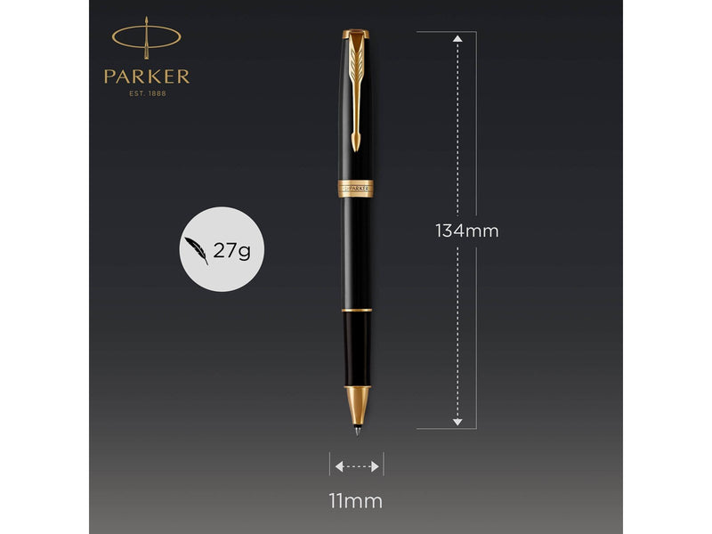 Parker Sonnet Tintenroller | Schwarze Lackierung mit Goldzierteilen | feine Spitze | Schwarze Tinte | Geschenkbox