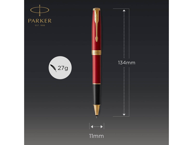 Parker Sonnet Tintenroller | Rote Lackierung mit Goldzierteilen | feine Spitze | Schwarze Tinte | Geschenkbox