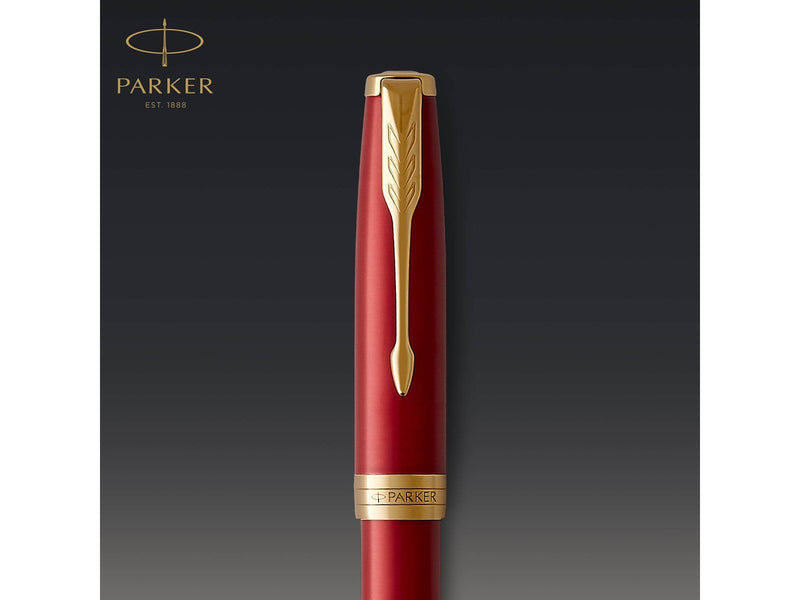 Parker Sonnet Tintenroller | Rote Lackierung mit Goldzierteilen | feine Spitze | Schwarze Tinte | Geschenkbox