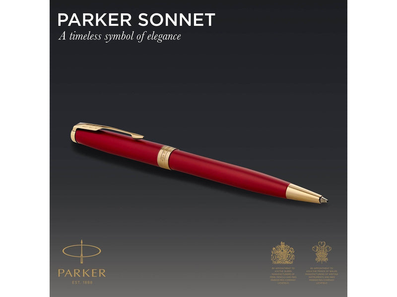 Parker Sonnet Kugelschreiber | Rote Lackierung mit Goldzierteilen | Mittlere Spitze | schwarze Tinte | Geschenkbox