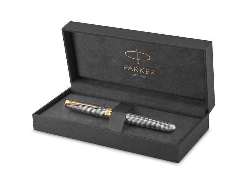 Parker Sonnet Füller | Chiselled Silver mit Goldzierteilen | Füllfederhalter mit 18K-Gold-Feder (F) | Geschenkbox